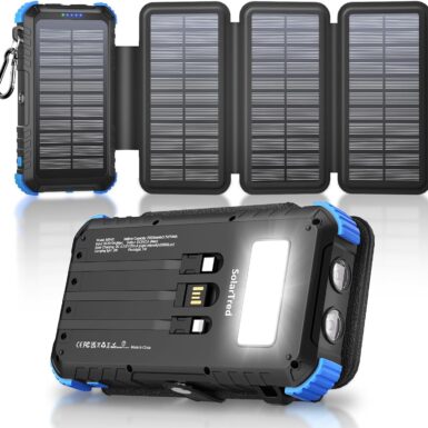 Solar Power Bank 20000mAh with 4 Panels | Solar Charger with Build-in 3 Cables