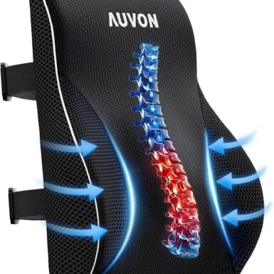 AUVON Office Lumbar Support Pillow with Patented Bulge for Back Support | Ergonomic Office Home Essentials Improve Posture, Memory Foam Chair Cushion for Home, Office, Car, Mesh Cover, Double Straps